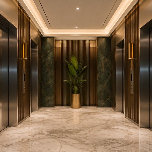 Luxury elevator lobby with stainless steel elevator doors and marble flooring by TheNova Elevators